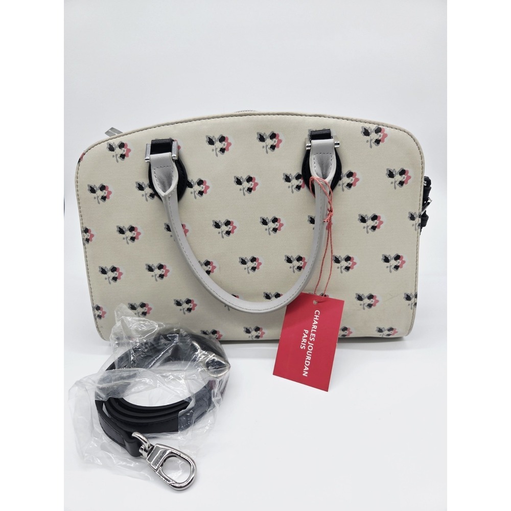 Charles Jourdan Leather Paris Victoria 2 Satchel Bag‎ Gray Cream Floral Handbag